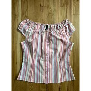 H&M Pink Stripe Off Shoulder Cap sleeve Button Down Cotton (size 10) NEW